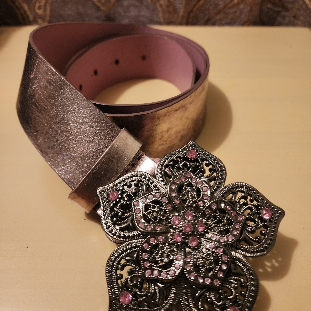 Pink Leather Belt with Flower Buckle
